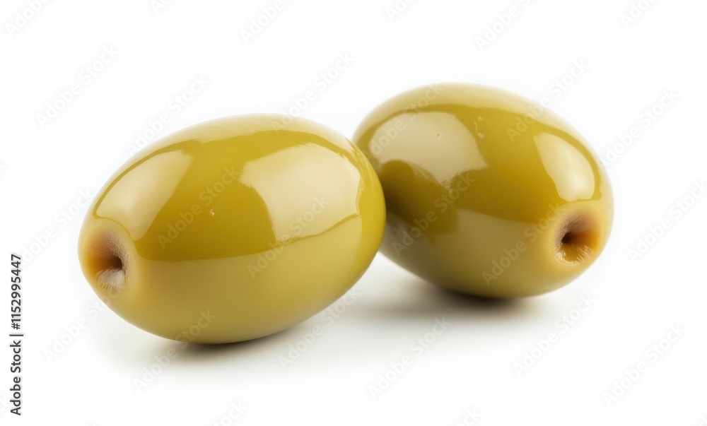 Two glossy green olives close-up. Two glossy green olives close-up.