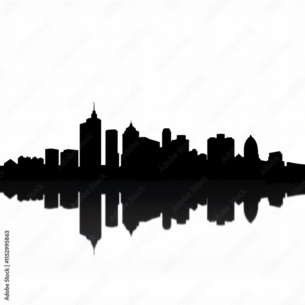 Fototapeta premium Silhouette of a city skyline reflected on water at sunset