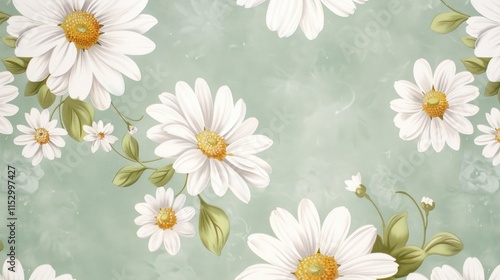 A floral pattern featuring white daisies on a soft green background, creating a fresh and cheerful aesthetic.