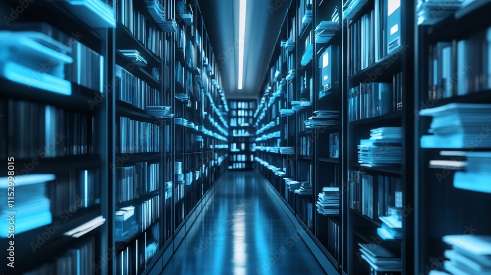 Blue-lit library aisle with bookshelves. Blue-lit library aisle with bookshelves.