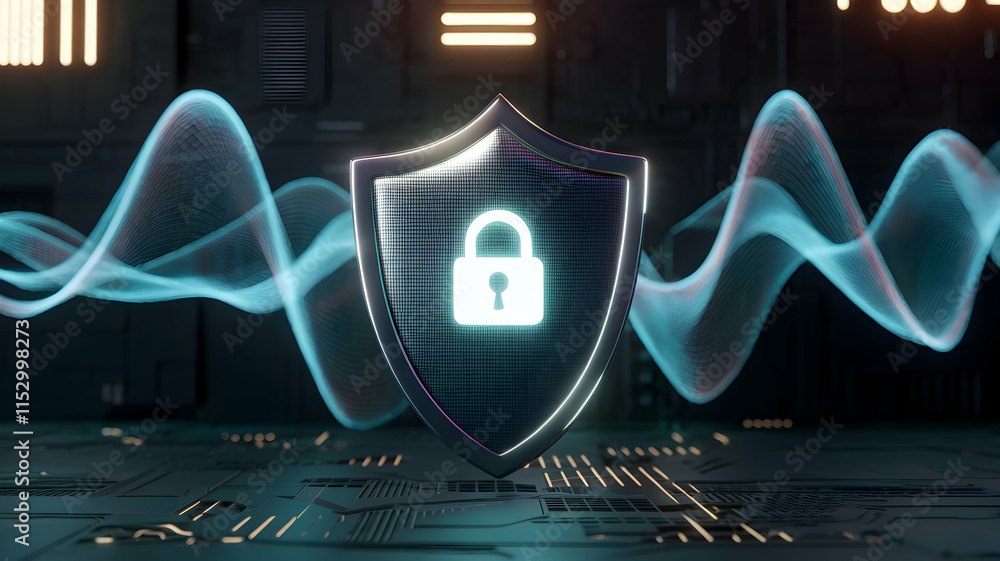 Digital security shield with data waves. Digital security shield with data waves.