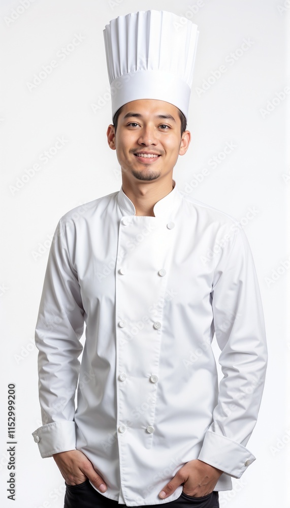 Young Asian chef in classic white uniform and toque on white background. Suitable for restaurant or hotel kitchen. Young Asian chef in classic white uniform and toque on white background. Suitable for restaurant or hotel kitchen.