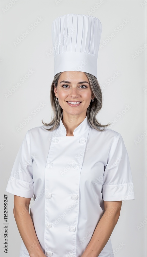 Professional female chef in white uniform and toque on white background. Ideal for restaurant or culinary school. Professional female chef in white uniform and toque on white background. Ideal for restaurant or culinary school.
