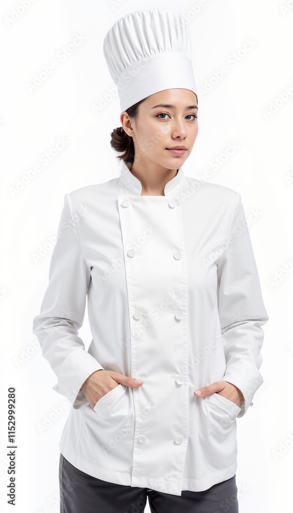 Asian female chef in classic white uniform on white background. Great for restaurant, catering, or culinary education. Asian female chef in classic white uniform on white background. Great for restaurant, catering, or culinary education.
