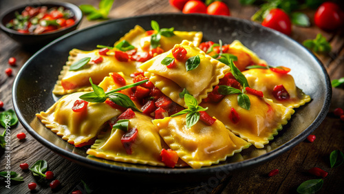 Delicious ravioli served on black plate, garnished with fresh herbs and diced tomatoes, creating vibrant and appetizing dish. Perfect for food lovers