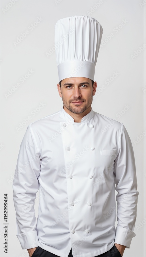 Professional chef in white uniform and toque on white background. Perfect for restaurant or hotel kitchen. Professional chef in white uniform and toque on white background. Perfect for restaurant or hotel kitchen.