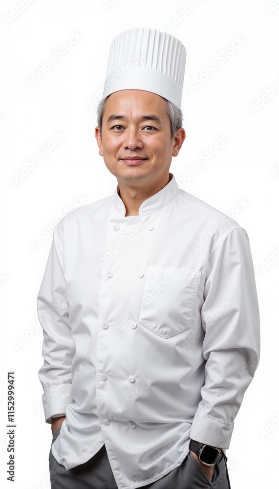 Experienced Asian chef in white uniform on white background. Ideal for restaurant or culinary instruction. Experienced Asian chef in white uniform on white background. Ideal for restaurant or culinary instruction.