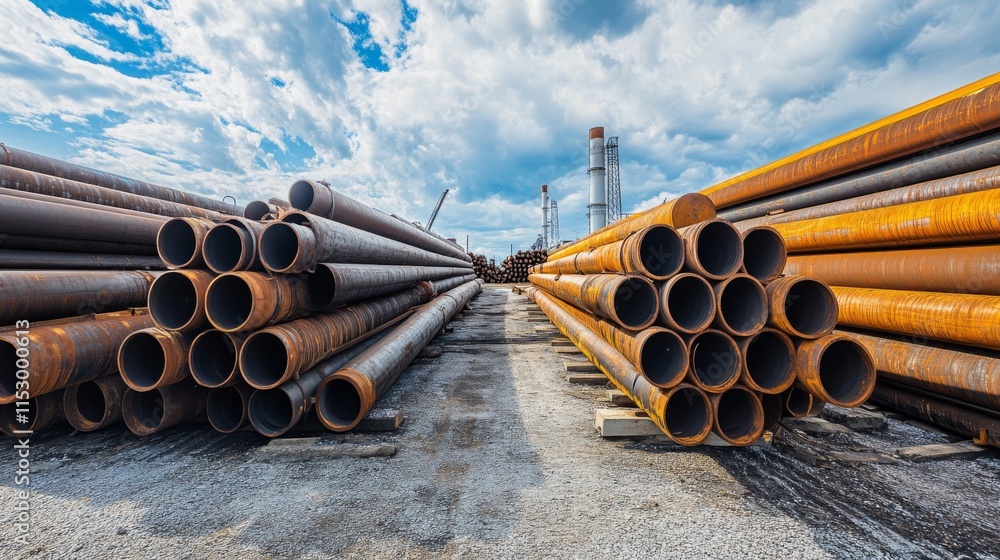 Stacks of rusty steel pipes outdoors near industrial plant under a partly cloudy sky.