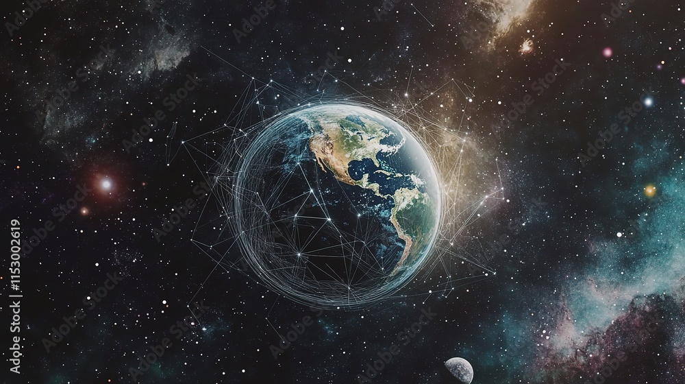 Fototapeta premium Earth Surrounded by Connection Lines and Circles in Space Background