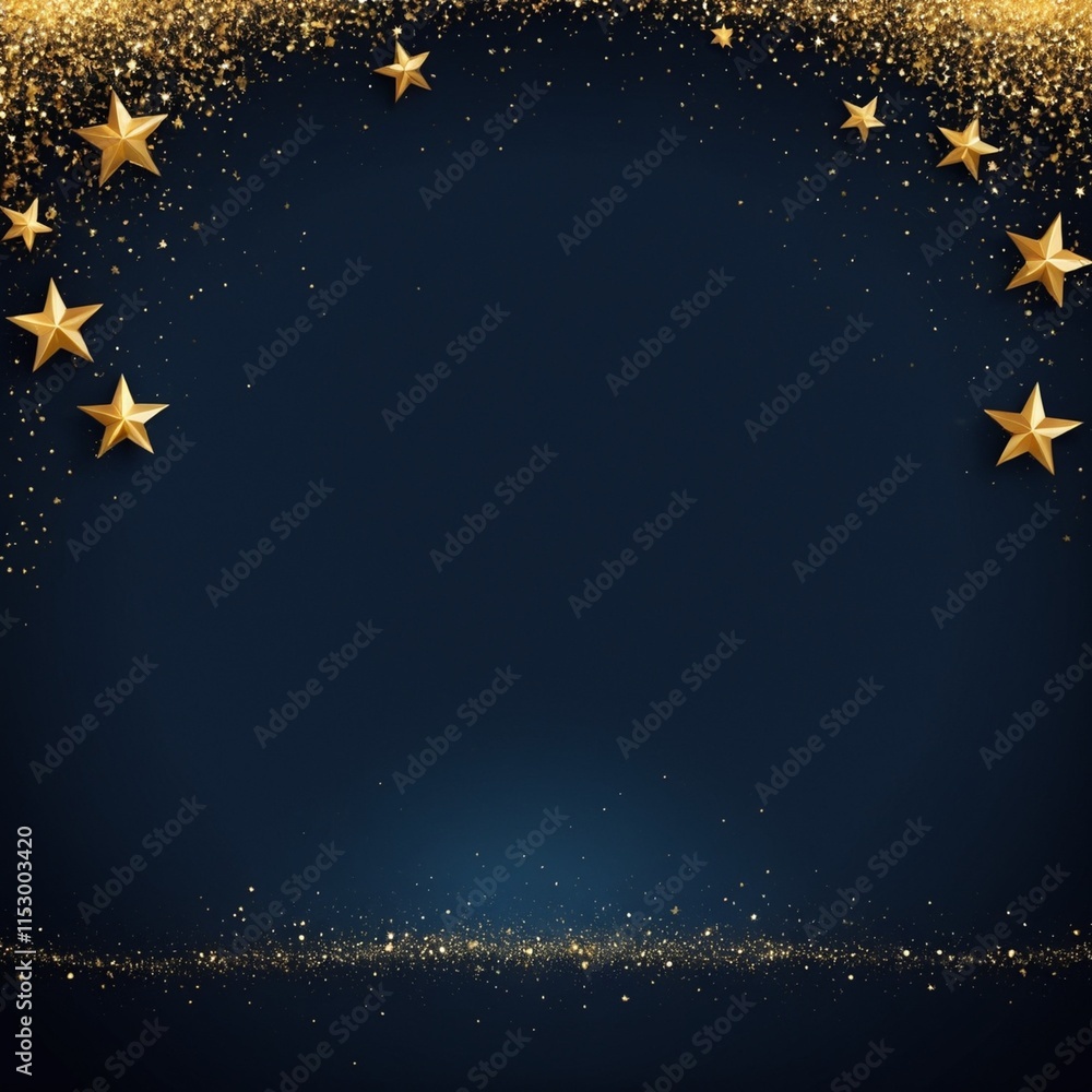Fototapeta premium New Year background with gold stars and shimmering glitter on a dark blue sky-like backdrop