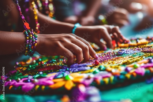 Vibrant Hands Crafting Sparkling Embellishments: A Colorful Textile Creation