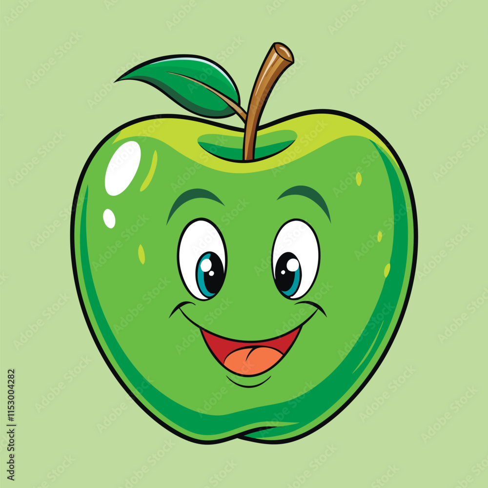 Obraz premium vector illustration of green apple with leaf in cartoon style
