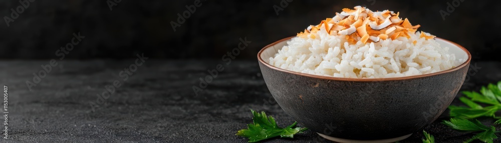 Bowl of rice cooked in coconut milk, topped with toasted shredded coconut, traditional tropical dish, rustic and warm tones Bowl of rice cooked in coconut milk, topped with toasted shredded coconut, traditional tropical dish, rustic and warm tones