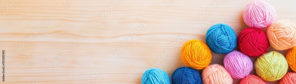 Bright row of multicolored yarn balls on wooden surface top view evoking handmade warmth technology tone Monochromatic Color Scheme Bright row of multicolored yarn balls on wooden surface top view evoking handmade warmth technology tone Monochromatic Color Scheme