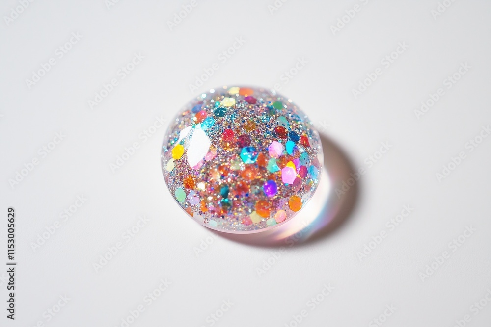 A small acrylic button with embedded glitter sparkling on a crisp white background. A small acrylic button with embedded glitter sparkling on a crisp white background.