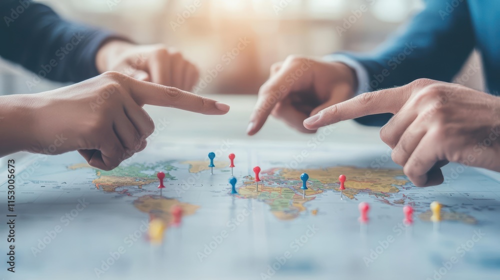 Business professionals pointing at a world map with pins, discussing global partnerships and expansion Business professionals pointing at a world map with pins, discussing global partnerships and expansion