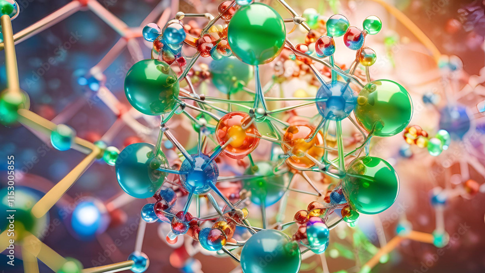Obraz premium Illustration of a molecular model in three dimensions. A scientific environment showcasing molecules and atoms