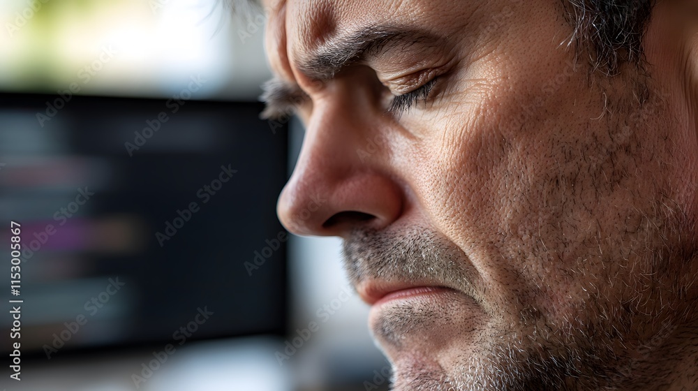 Fototapeta premium Frustrated developer at computer, facing challenges in coding and debugging, embodies the perseverance and resilience required in the tech industry