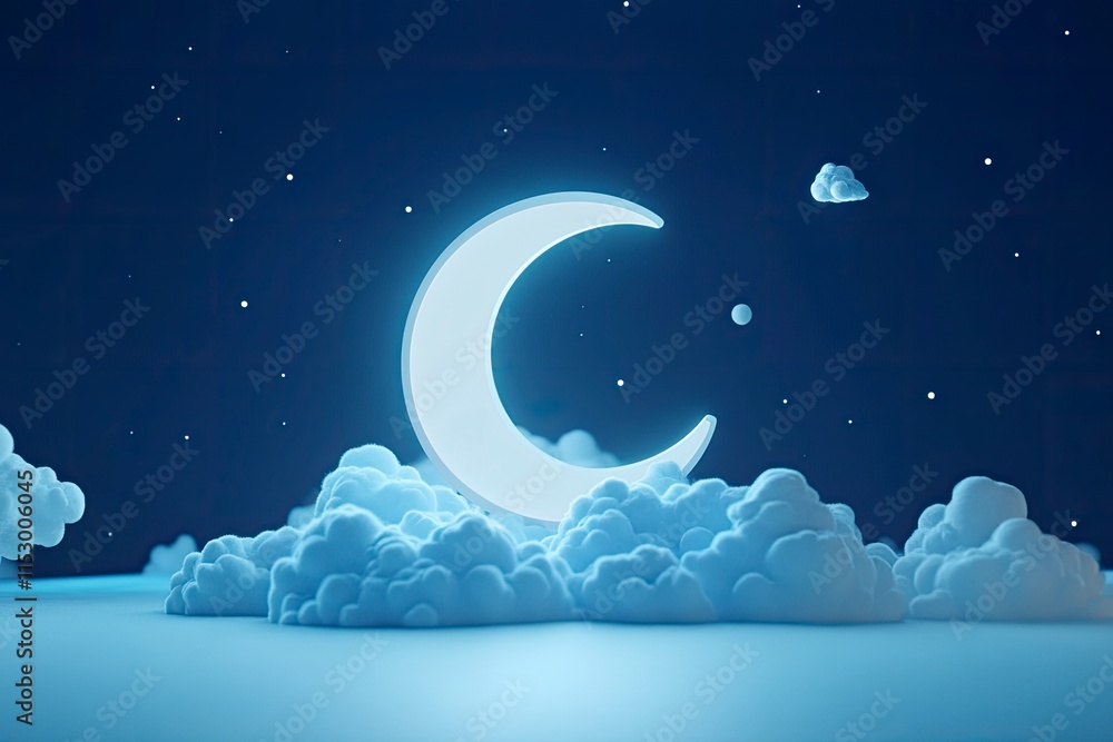 night time 3d rendering with crescent moon icon night time 3d rendering with crescent moon icon
