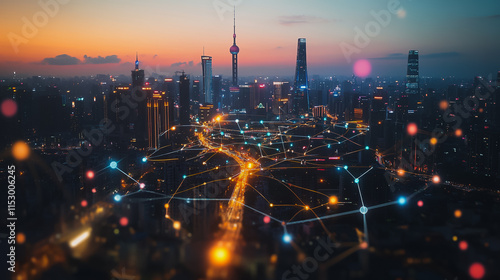 Wallpaper Mural Smart digital city with connection cyber security network reciprocity over the cityscape . future smart wireless digital city and social media networking systems that connects people within the city Torontodigital.ca