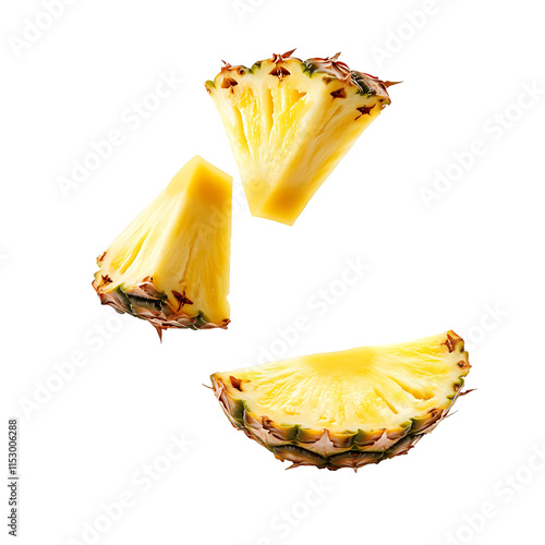 Falling pineapple slice isolated on white background, full depth of field 