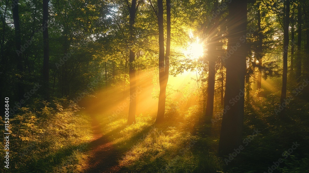 Fototapeta premium Sunrise through the trees in a lush green forest. Golden rays of light shining through the foliage, creating a magical atmosphere.