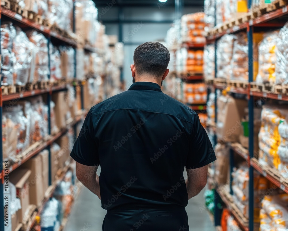 A warehouse worker navigates through shelves stocked with goods, showcasing the efficiency of modern logistics and storage. A warehouse worker navigates through shelves stocked with goods, showcasing the efficiency of modern logistics and storage.