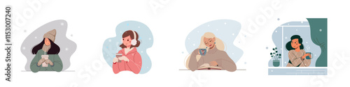 Set of winter avatars of beautiful young women with a cup of coffee. Female portraits collection for social network. Cute cartoon girls enjoying life.