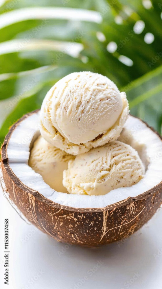 Delicious vegan ice cream in coconut shell tropical paradise food natural setting close-up healthy dessert Delicious vegan ice cream in coconut shell tropical paradise food natural setting close-up healthy dessert