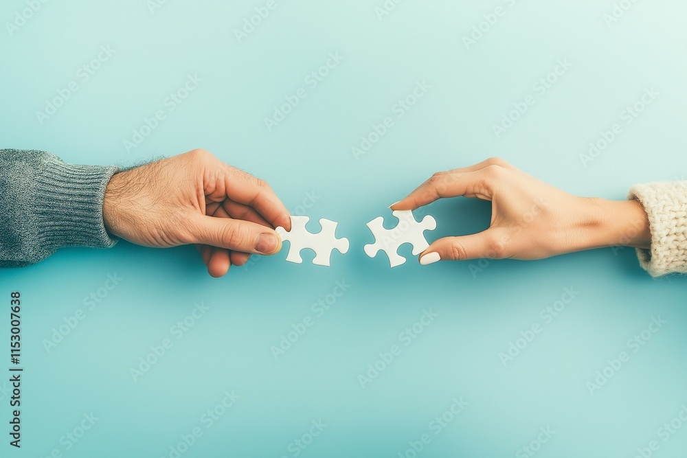 two hands one male and one female gently connecting two white puzzle pieces against a soft, pastel blue background hand holding a piece of the puzzle. Generative Ai two hands one male and one female gently connecting two white puzzle pieces against a soft, pastel blue background hand holding a piece of the puzzle. Generative Ai