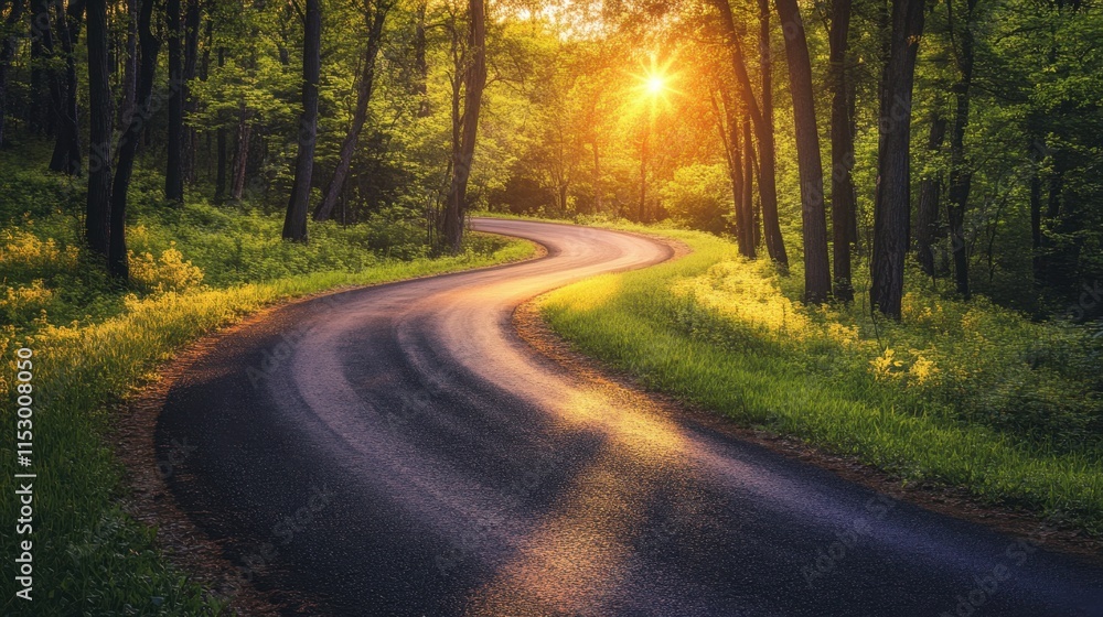 Obraz premium Winding road through lush forest sunrise landscape photography nature tranquil view