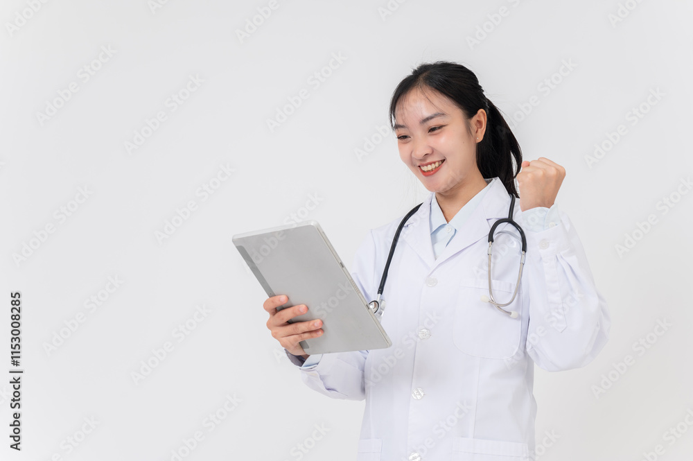 A smiling Asian female doctor in a white gown uniform using her digital tablet on studio background. A smiling Asian female doctor in a white gown uniform using her digital tablet on studio background.