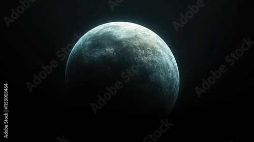 atmospheric star wars style planet half in shadow on a solid black background