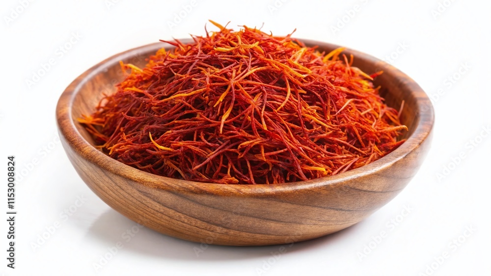 Fototapeta premium Aromatic Saffron Spice in Rustic Wooden Bowl - Top View Flat Lay on White Background