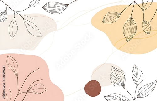 Abstract minimalist botanical illustration with leaves and organic shapes in pastel colors.