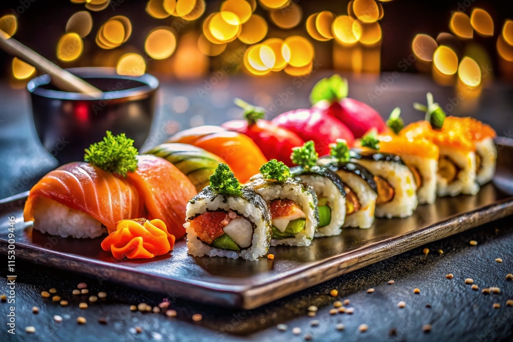 Artfully Arranged Sushi Platter: Low-Light Minimalist Food Photography Artfully Arranged Sushi Platter: Low-Light Minimalist Food Photography