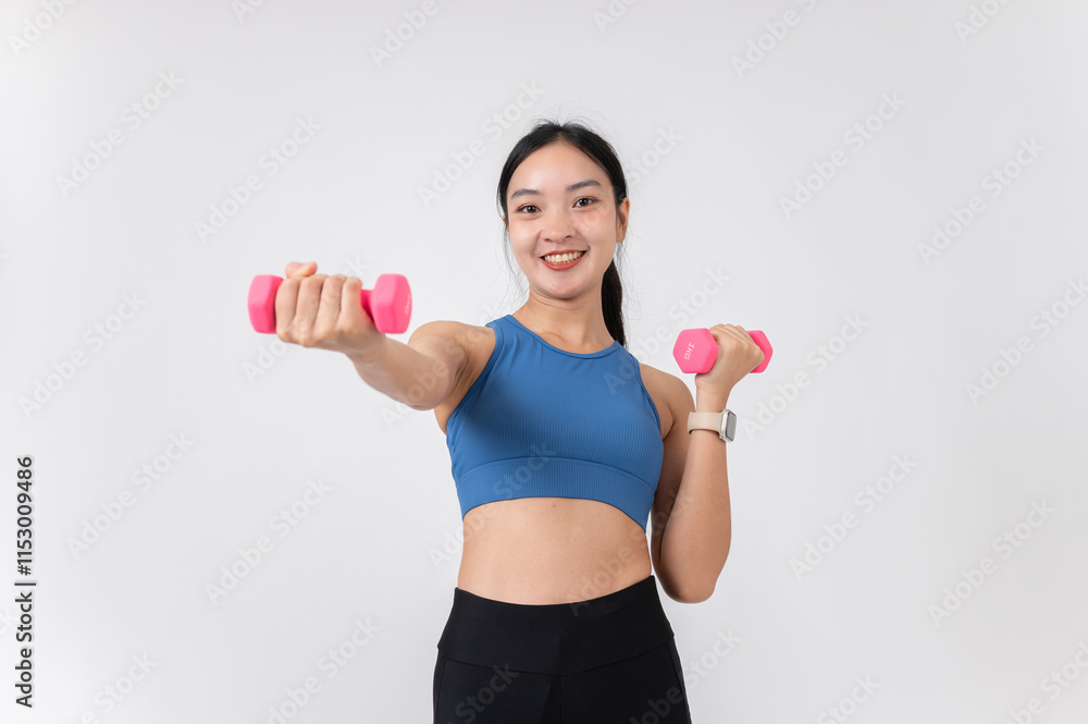 A smiling Asian woman in sportswear holding pink dumbbells on a white studio background. A smiling Asian woman in sportswear holding pink dumbbells on a white studio background.
