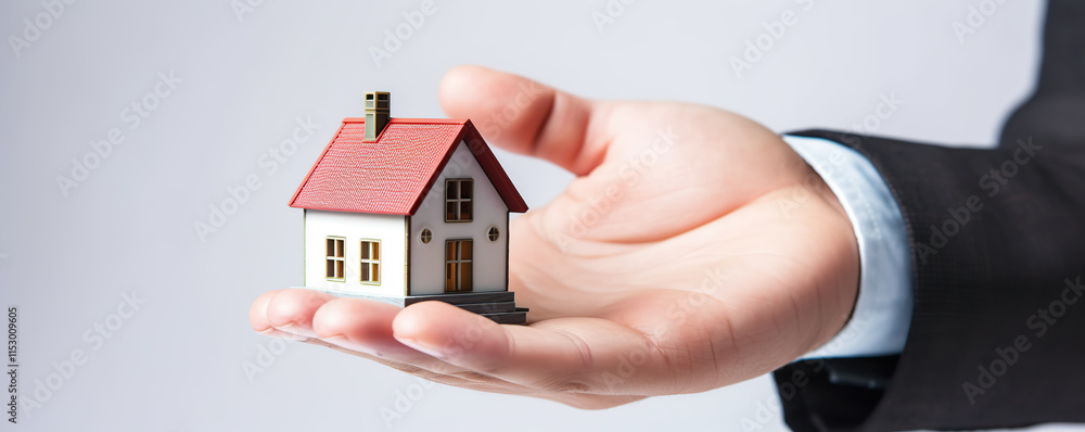 Miniature house held gently in a business professional's hand, symbolizing real estate investment and home ownership Miniature house held gently in a business professional's hand, symbolizing real estate investment and home ownership