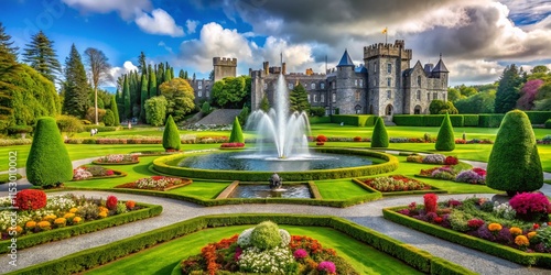 Ashford Castle Gardens: Majestic Fountain & Lush Greenery - Ireland Stock Photo photo