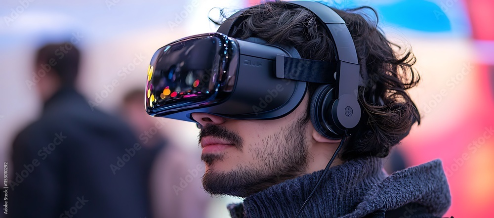 Young man immersed in virtual reality, wearing a VR headset and headphones. Young man immersed in virtual reality, wearing a VR headset and headphones.