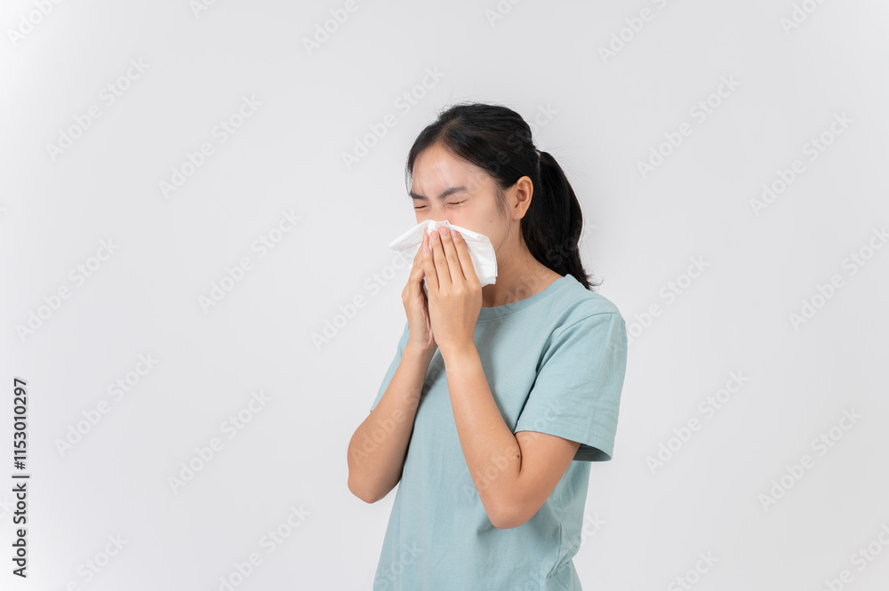 A sick Asian woman sneezing and blowing her nose, suffering from a runny nose, flu, or allergy. A sick Asian woman sneezing and blowing her nose, suffering from a runny nose, flu, or allergy.