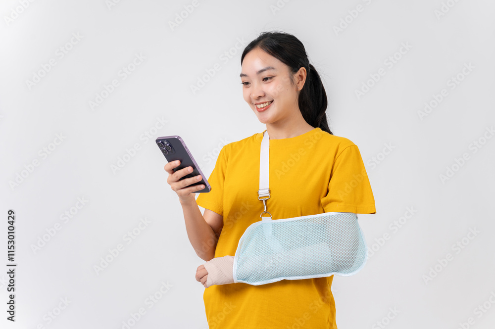 A carefree Asian woman with her broken arm, wrapped in a plaster bandage, using her smartphone. A carefree Asian woman with her broken arm, wrapped in a plaster bandage, using her smartphone.