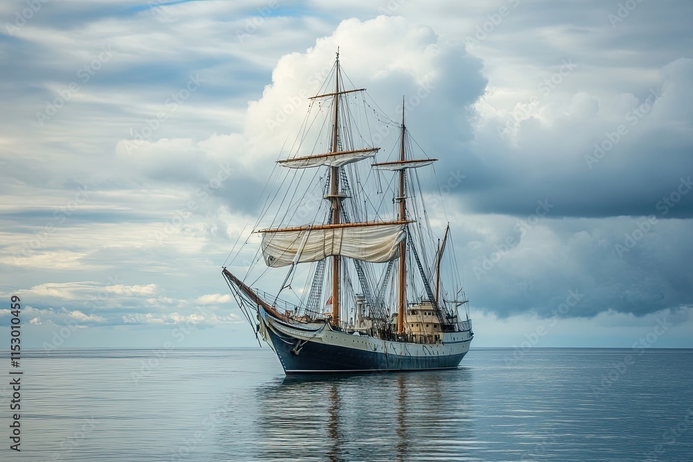 A majestic sailing ship on calm waters under cloudy skies. A majestic sailing ship on calm waters under cloudy skies.