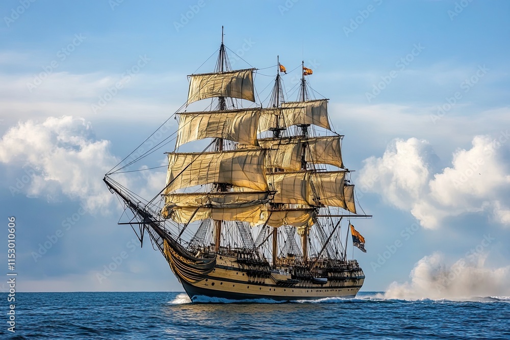 A majestic sailing ship with billowing sails on the ocean. A majestic sailing ship with billowing sails on the ocean.