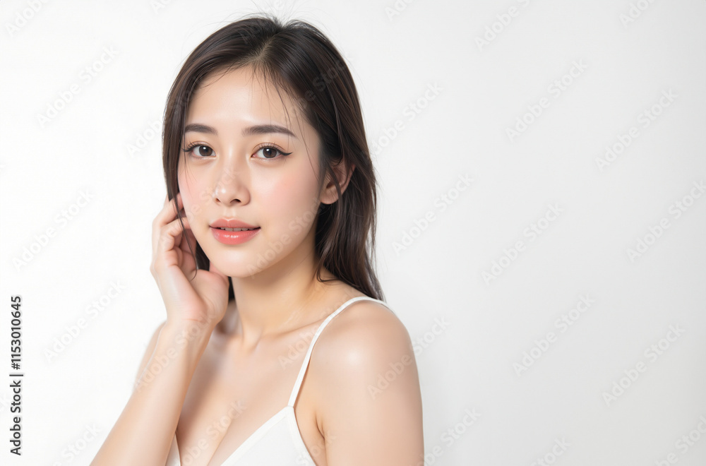 Realistic Generative AI of Asian woman with camisole touching her face on white background, Free space for text. Realistic Generative AI of Asian woman with camisole touching her face on white background, Free space for text.