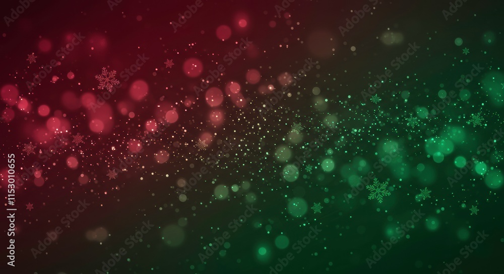 Obraz premium Red and Green Festive Sparkle: A mesmerizing blend of red and green bokeh lights, sprinkled with delicate snowflakes, creates a festive and enchanting backdrop for your holiday designs.