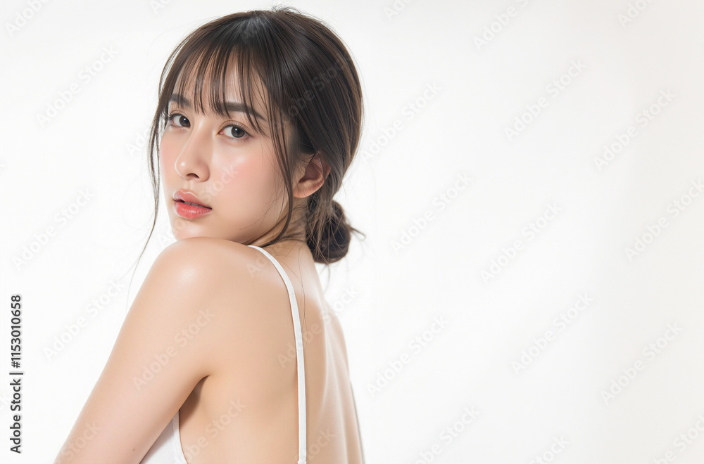 Realistic Generative AI of Asian woman with camisole on white background, Free space for text. Realistic Generative AI of Asian woman with camisole on white background, Free space for text.