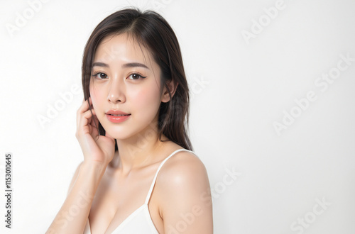 Realistic Generative AI of Asian woman with camisole  touching her face on white background, Free space for text. photo