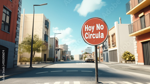 Hoy No Circula sign on quiet urban street at dusk