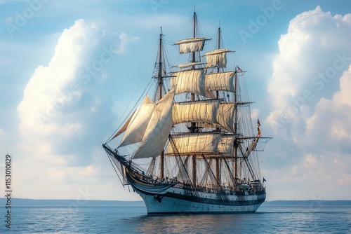 A majestic sailing ship with full sails on calm waters. photo